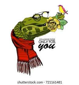 Vector alligator with red scarf, rose, bird and glasses. Hand drawn illustration of dressed crocodile. 