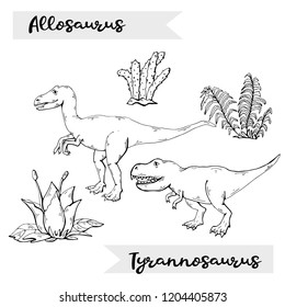 Vector Allosaurus and Tyrannosaurus with plant and stone over white.Jurassic Wildlife.Wild animals dinosaurus. Ancient animal character.Wild creatures of the Jurassic period.Black  icon dinosaurs