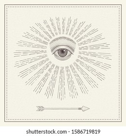 Vector all-seeing eye with light ray, monochrome hand drawn sketch