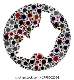 Collage de mapas del virus de la gripe en la provincia de Vector Almería. La infección ataca el territorio de bloqueo desde el espacio. Collage del mapa de la provincia de Almería en círculo de hoyos diseñado con iconos de patógenos.