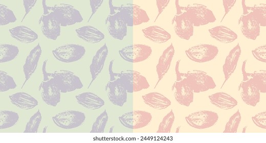 Vector almond pattern seamless with hand-drawn illustrations of almond nuts for web banner, oil packaging or marzipan paste label design. Floral sketches background, almond ornament. Natural product.