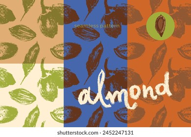 Vector almond pattern seamless with hand-drawn illustrations of almond nuts for web banner, oil packaging or marzipan paste label design. Floral sketches background, almond ornament. Natural product.