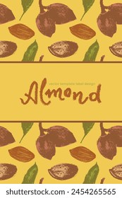 Vector almond pattern seamless with hand-drawn illustrations of almond nuts for web banner, oil packaging or marzipan paste label design. Floral sketches background, almond ornament. Organic nuts.