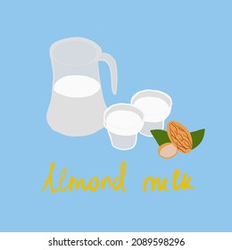 Producto vectorial de almendras y productos alimenticios. Dibujo plano de la caricatura de leche materna aislado con texto dibujado a mano. Leche de almendra en frasco de vidrio y dos vasos y decoración de almendras. comida saludable con fondo azul
