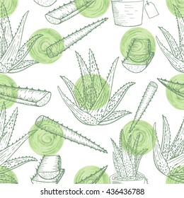 Vector Aloe Vera Hand Drawn Seamless Pattern.