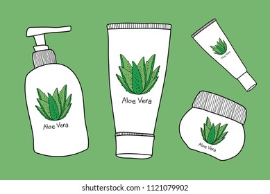 Vector aloe vera skin care , cream , lotion and serum. Hand drawn illustration cosmetic package.