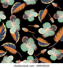 Vector Aloha hawaiian t-shirt seamless pattern. Multicolored hibiscus pattern on black background.