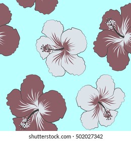 Vector Aloha hawaiian t-shirt seamless pattern. Hibiscus pattern on blue background.
