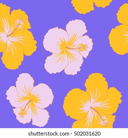 Vector Aloha hawaiian t-shirt seamless pattern. Hibiscus pattern on violet background.