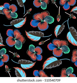 Vector Aloha hawaiian t-shirt seamless pattern. Multicolored hibiscus pattern on black background.