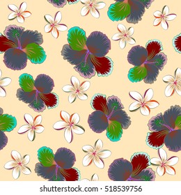 Vector Aloha hawaiian t-shirt seamless pattern. Hibiscus and plumeria pattern on beige background.
