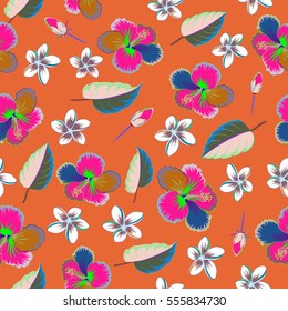 Vector Aloha hawaiian t-shirt seamless pattern. Hibiscus pattern on orange background.