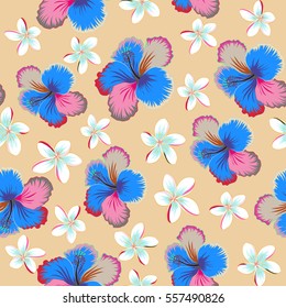 Vector Aloha hawaiian t-shirt seamless pattern. Hibiscus pattern on beige background.