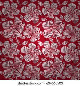 Vector Aloha hawaiian t-shirt seamless pattern. Hibiscus pattern on red background.
