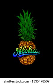 Vector Aloha illustration with vintage typography and pineapple isolated on black background. Hawaiian aloha background for t-shirt print, summer poster, vintage label, beach party decor. EPS10