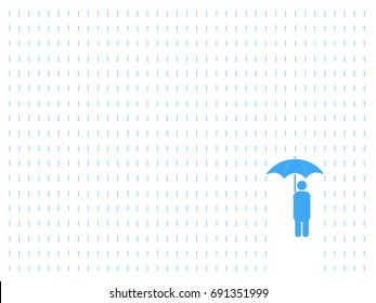 vector of alone man in blue color with umbrella and rain, conceptual about people
