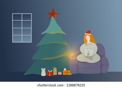 vector of alone women celebrate chritmas at home 