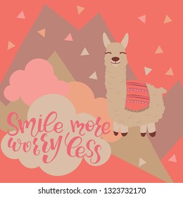 Vector alpaca illustration. Alpaca and lettering print. Alpaca, clouds triangle, clouds and mountains. Lettering. Perfect for greetings, invitations, manufacture wrapping paper, textile and web design