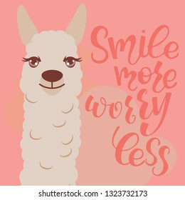 Vector alpaca illustration. Alpaca and lettering print. Alpaca, clouds triangle, clouds and mountains. Lettering. Perfect for greetings, invitations, manufacture wrapping paper, textile and web design