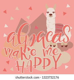 Vector alpaca illustration. Alpaca and lettering print. Alpaca, clouds triangle, clouds and mountains. Lettering. Perfect for greetings, invitations, manufacture wrapping paper, textile and web design