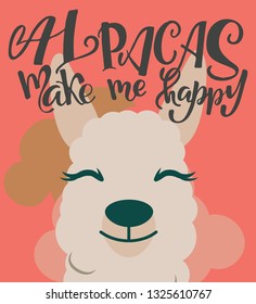 Vector alpaca illustration. Alpaca and lettering print. Alpaca, clouds triangle, clouds and mountains. Lettering. Perfect for greetings, invitations, manufacture wrapping paper, textile and web design