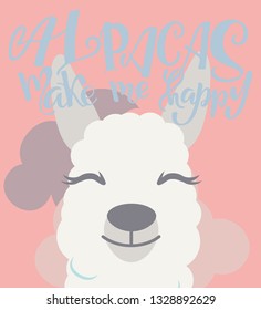 Vector alpaca illustration. Alpaca and lettering print. Alpaca, clouds triangle, clouds and mountains. Lettering. Perfect for greetings, invitations, manufacture wrapping paper, textile and web design