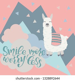 Vector alpaca illustration. Alpaca and lettering print. Alpaca, clouds triangle, clouds and mountains. Lettering. Perfect for greetings, invitations, manufacture wrapping paper, textile and web design