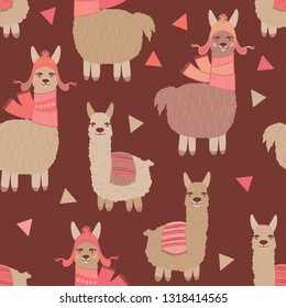 Vector alpaca and llama pattern for kids. Colorful seamless alpaca, triangle and llama pattern. Perfect for greetings, invitations, manufacture wrapping paper, textile and web design. Vector pattern