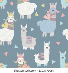 Vector alpaca and llama pattern for kids. Colorful seamless alpaca, triangle and llama pattern. Perfect for greetings, invitations, manufacture wrapping paper, textile and web design. Vector pattern