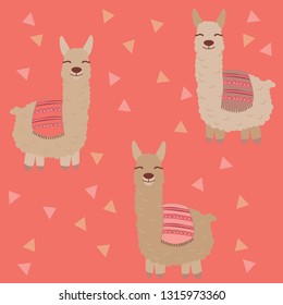 Vector alpaca pattern for kids. Colorful seamless alpaca, triangle, clouds and mountains pattern. Perfect for greetings, invitations, manufacture wrapping paper, textile and web design. Vector pattern