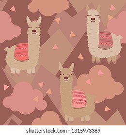 Vector alpaca pattern for kids. Colorful seamless alpaca, triangle, clouds and mountains pattern. Perfect for greetings, invitations, manufacture wrapping paper, textile and web design. Vector pattern