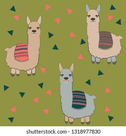 Vector alpaca pattern for kids. Colorful seamless alpaca triangle pattern. Perfect for greetings, invitations, manufacture wrapping paper, textile and web design. Vector pattern