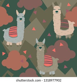Vector alpaca pattern for kids. Colorful seamless alpaca, triangle, clouds and mountains pattern. Perfect for greetings, invitations, manufacture wrapping paper, textile and web design. Vector pattern