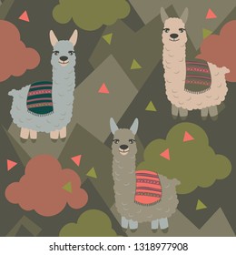 Vector alpaca pattern for kids. Colorful seamless alpaca, triangle, clouds and mountains pattern. Perfect for greetings, invitations, manufacture wrapping paper, textile and web design. Vector pattern