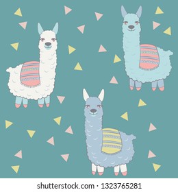 Vector alpaca pattern for kids. Colorful seamless alpaca, triangle, clouds and mountains pattern. Perfect for greetings, invitations, manufacture wrapping paper, textile and web design. Vector pattern