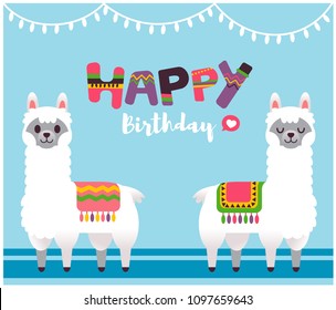 Vector alpacas, llamas characters with Happy birthday text for happy birthday, greeting card.