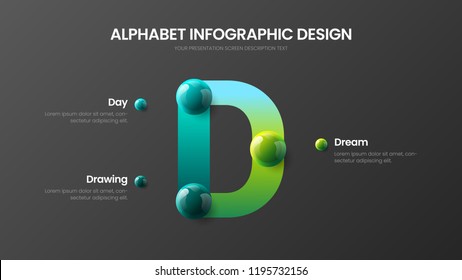Vector alphabet 3 element infographic 3D realistic colorful balls presentation. Creative bright multicolor character design illustration layout. Modern art D symbol graphics visualization template.