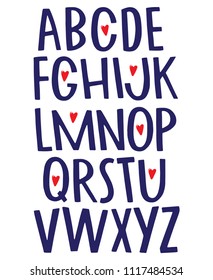 Vector alphabet abc font English hand drawn letters set with red hearts on white illustration