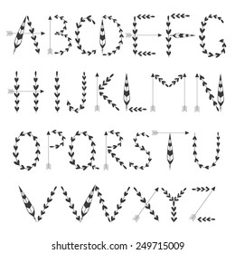 Vector alphabet. ABC Painted Letters. Hand drawn letters with arrows, feathers, florals.