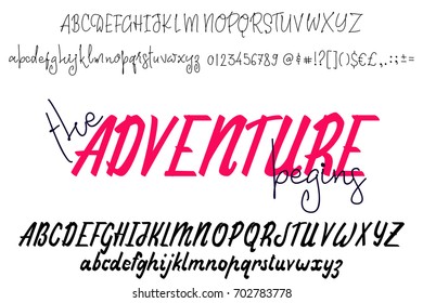 Vector Alphabet , the adventure begins. 2 Calligraphic font. Unique Custom Characters. Hand Lettering for Designs - logos, badges, postcards, posters, prints. Modern brush handwriting Typography.