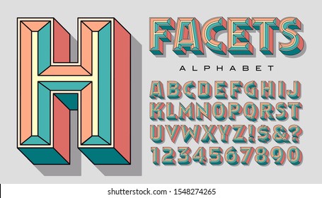 Vector alphabet of beveled or chiseled 3d letters with flat colored facets and black outlines. This bold font has a bright pop art quality and a floral color palette.
