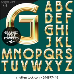 Vector alphabet of beveled golden letters. Art-deco light. File contains graphic styles available in Illustrator. Set 1