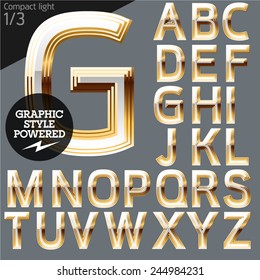 Vector alphabet of beveled golden letters. Compact light. File contains graphic styles available in Illustrator. Set 1