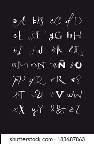 Vector alphabet. Black and white hand drawn letters written with a brush, marker, nib and pencil. Eps vector file and hi-res jpg included.