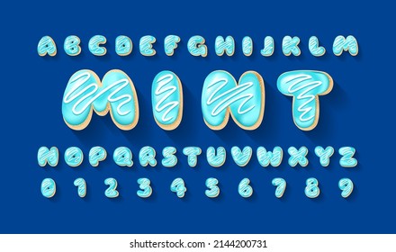 Vector alphabet of blue mint donuts. Bakery sweet tasty font. Blue letters and numbers on the blue background. Food lettering. Donut font. Cake and cookies isolated baby glazed dessert