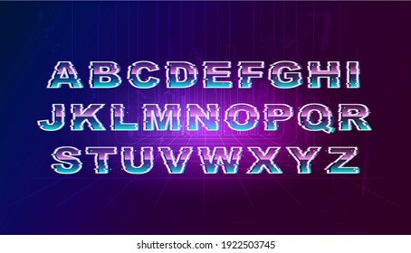 Vector alphabet. Bright modern letters with cyberpunk style on a dark background