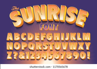 A vector alphabet in bright yellows and pinks called the Sunrise font. Background has a sun rays pattern.