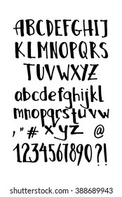 Vector alphabet. Brush pen handwritten font with lowercase and uppercase letters, numbers, punctuation marks and typography signs.