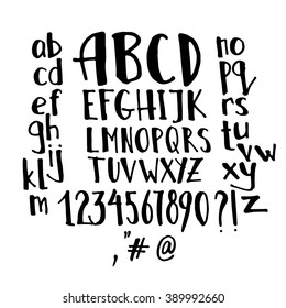 Vector alphabet. Brush pen handwritten font with lowercase and uppercase letters, numbers, punctuation marks and typography signs.