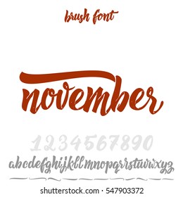 Vector Alphabet. Calligraphic font. Unique Custom Characters. Hand Lettering November for Designs - logos, badges, postcards, posters, prints. Modern brush handwriting Typography.